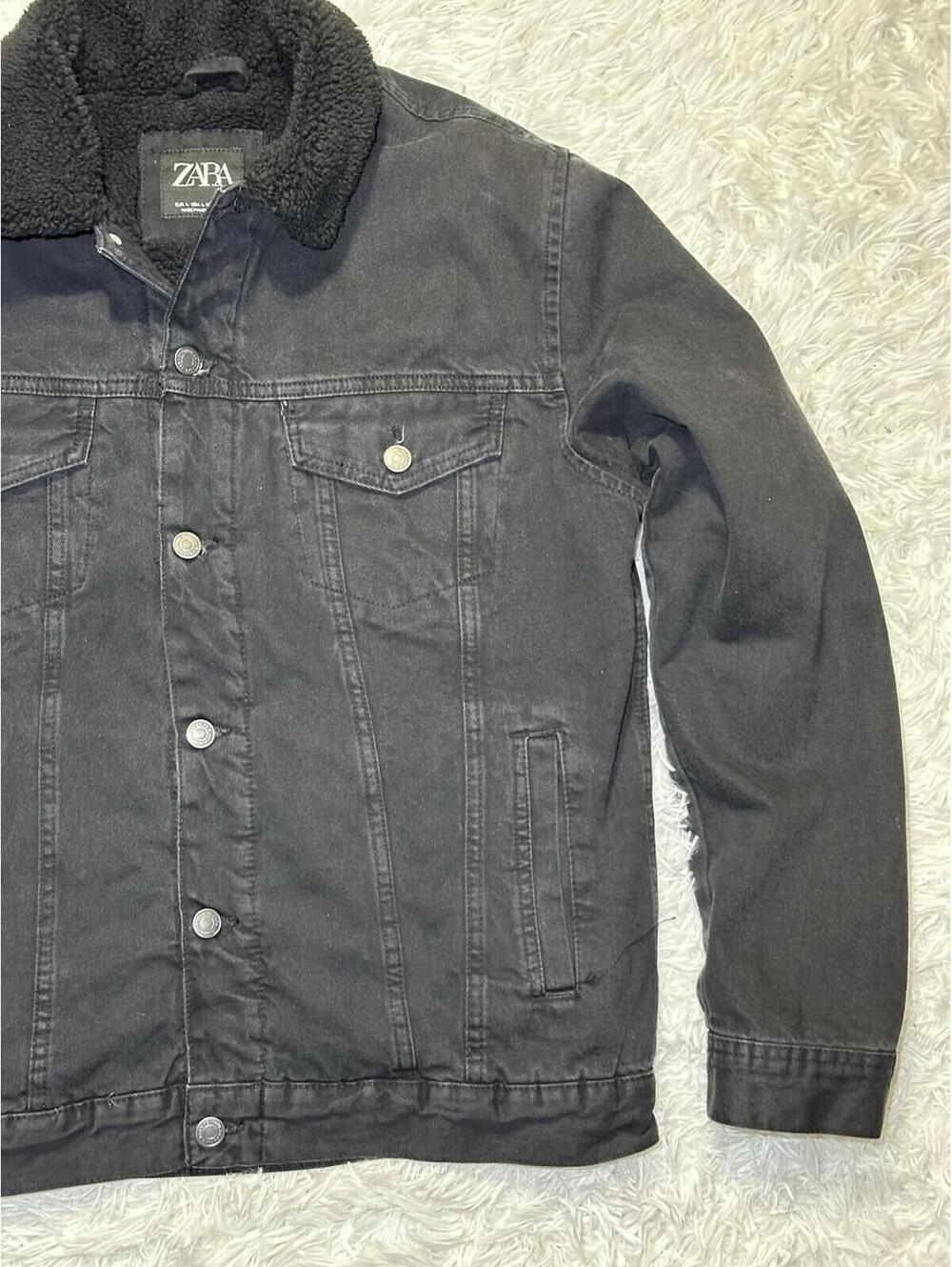 ZARA Men’s Black Fur Lined Denim Jacket Size L Sherpa Trucker Coat Workwear - Picture 2 of 9